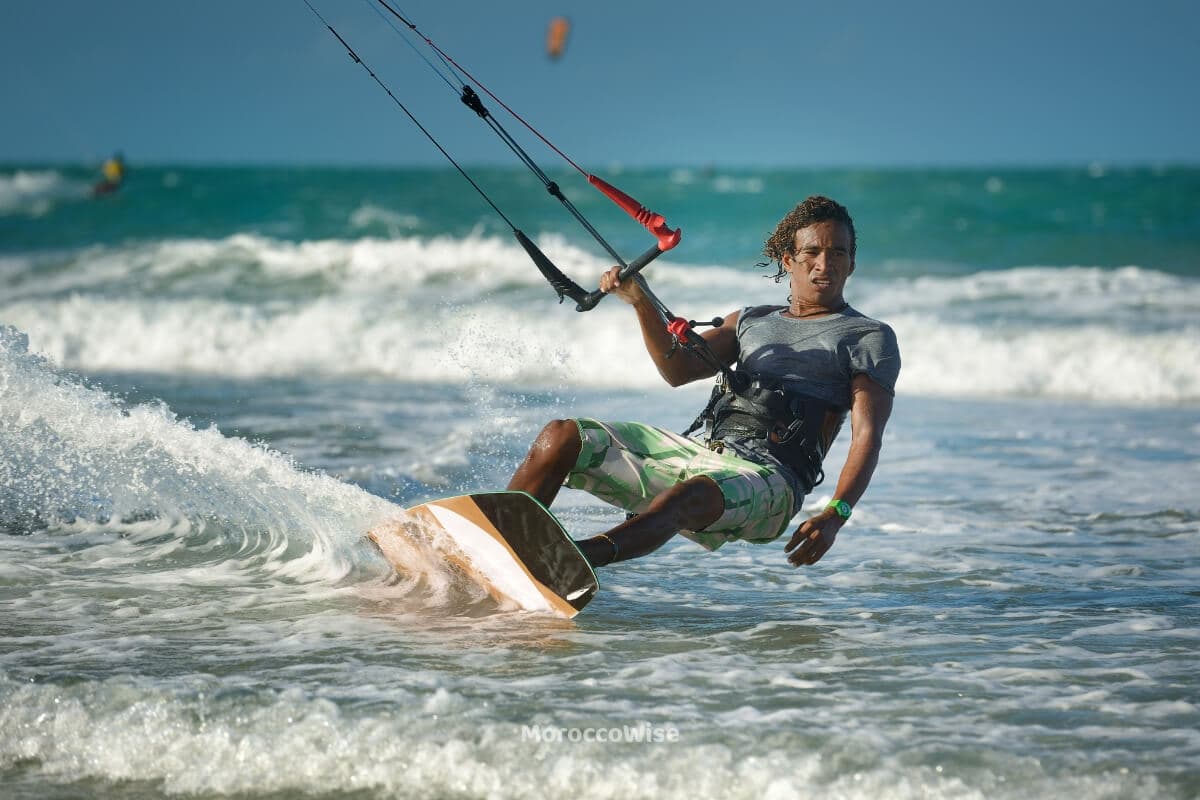 Kitesurfer riding the Atlantic wind off the coast of Essaouira