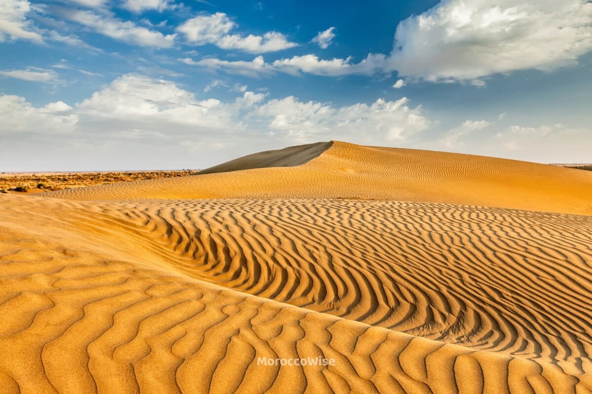 High golden sand dunes in the Moroccan Sahara