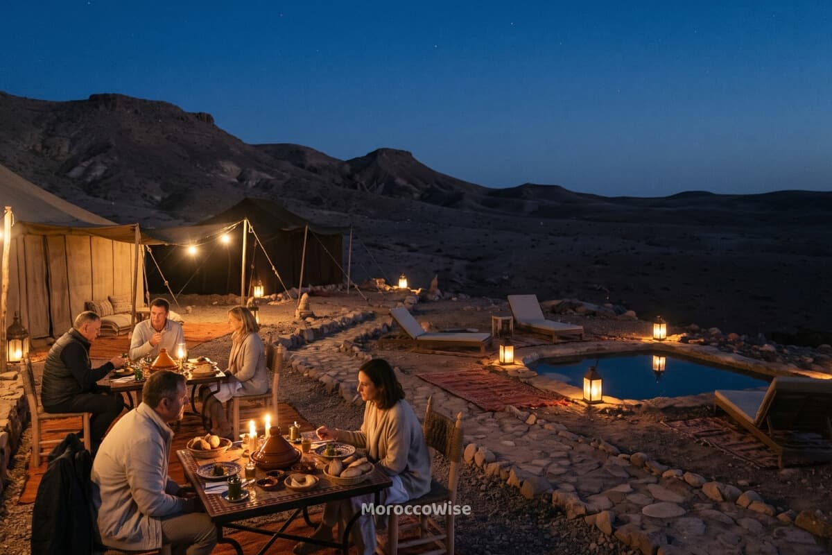Agafay desert camp dinner at sunset
