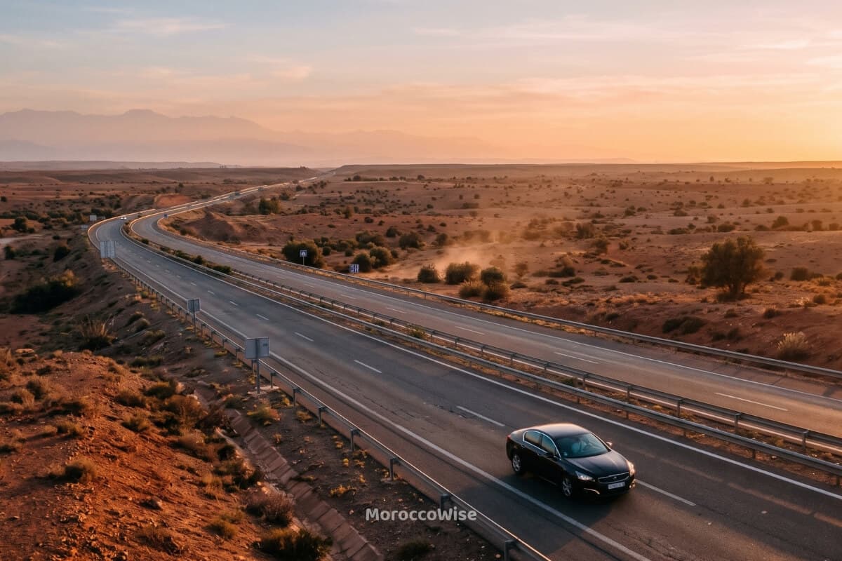 Car on the motorway between Casablanca airport and Marrakech at sunset