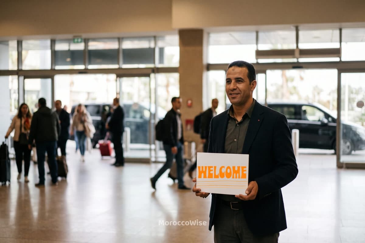 Private transfer driver with a name sign at Casablanca airport arrivals for a pre-booked Marrakech transfer