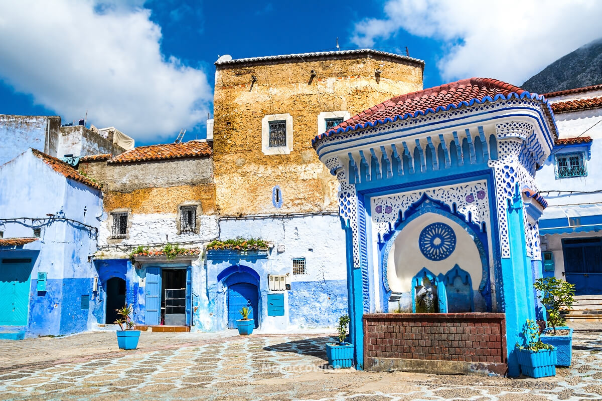 Blue doors and flowerpots in Chefchaouen's medina