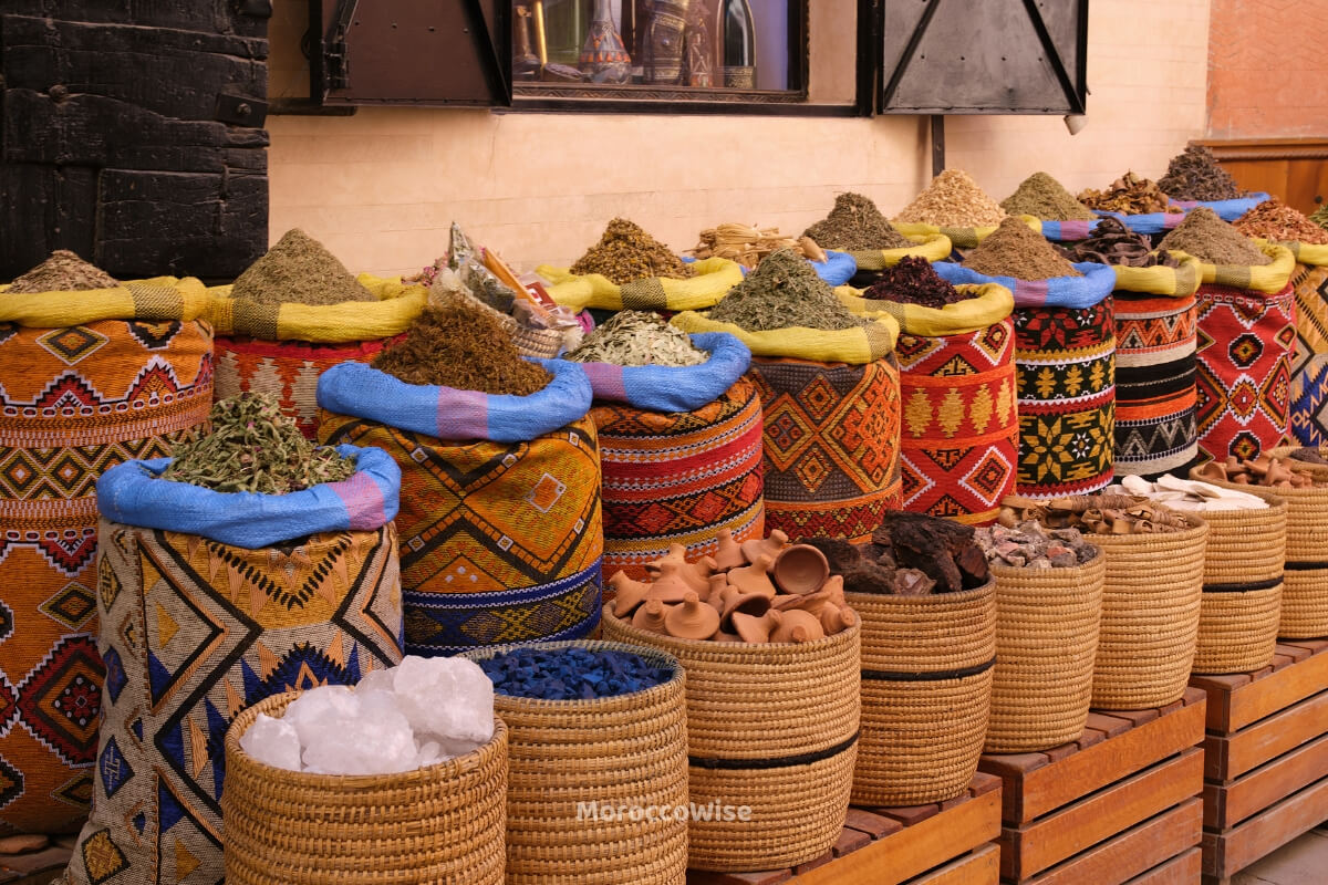 Colorful Moroccan handicrafts displayed in a Marrakech souk