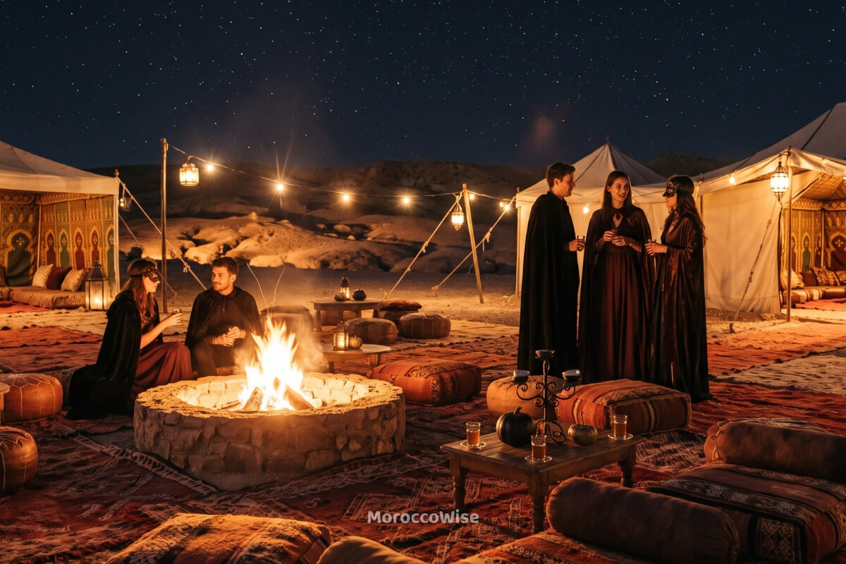 A luxury desert camp in Agafay hosting a fire-lit Halloween party for tourists under the stars.