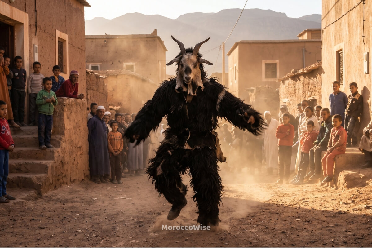 A traditional Moroccan Boujloud or Bilmawen dancer wearing animal skins, a cultural tradition similar to Halloween costumes.