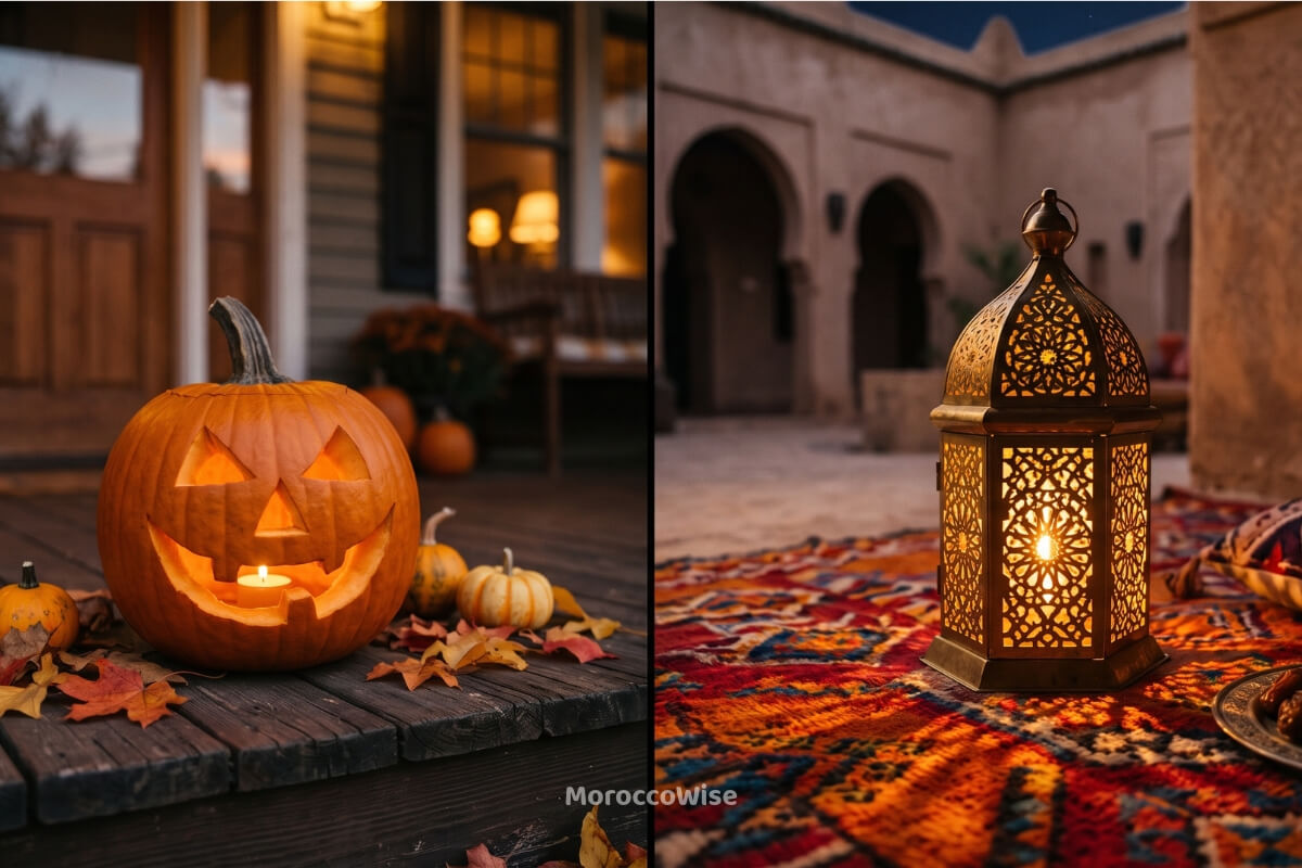 A contrast showing a traditional Halloween pumpkin next to a Moroccan brass lantern, representing Halloween in Morocco.