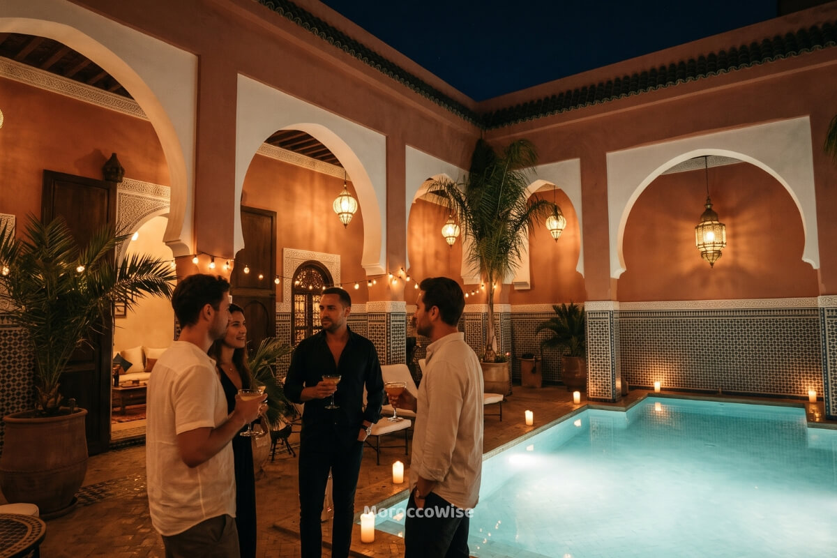 A beautifully lit Moroccan Riad courtyard at night hosting a subtle Halloween party for tourists and expats.