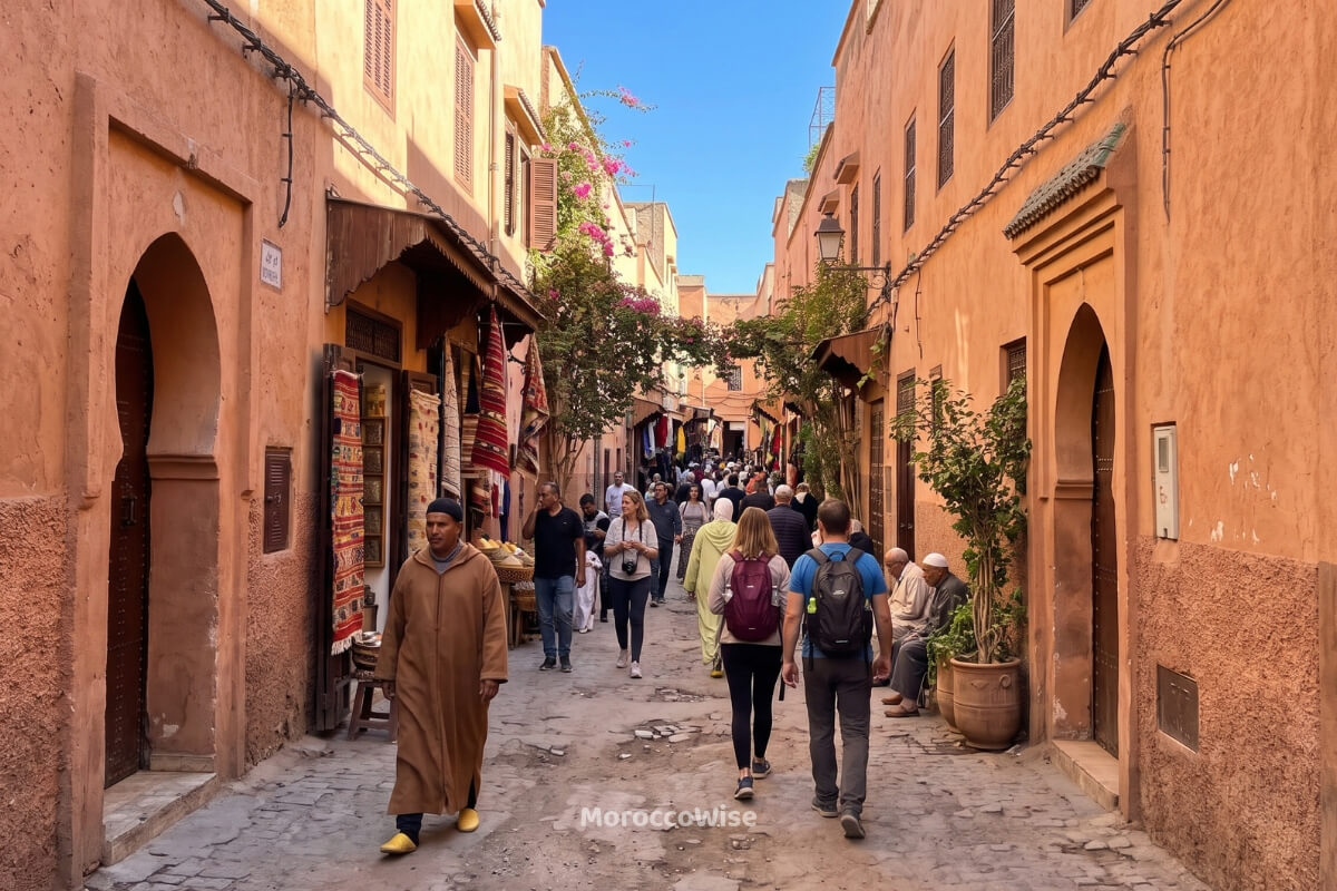 A sunny autumn afternoon in the Marrakech medina in October with locals walking, showing no traditional Halloween decorations.