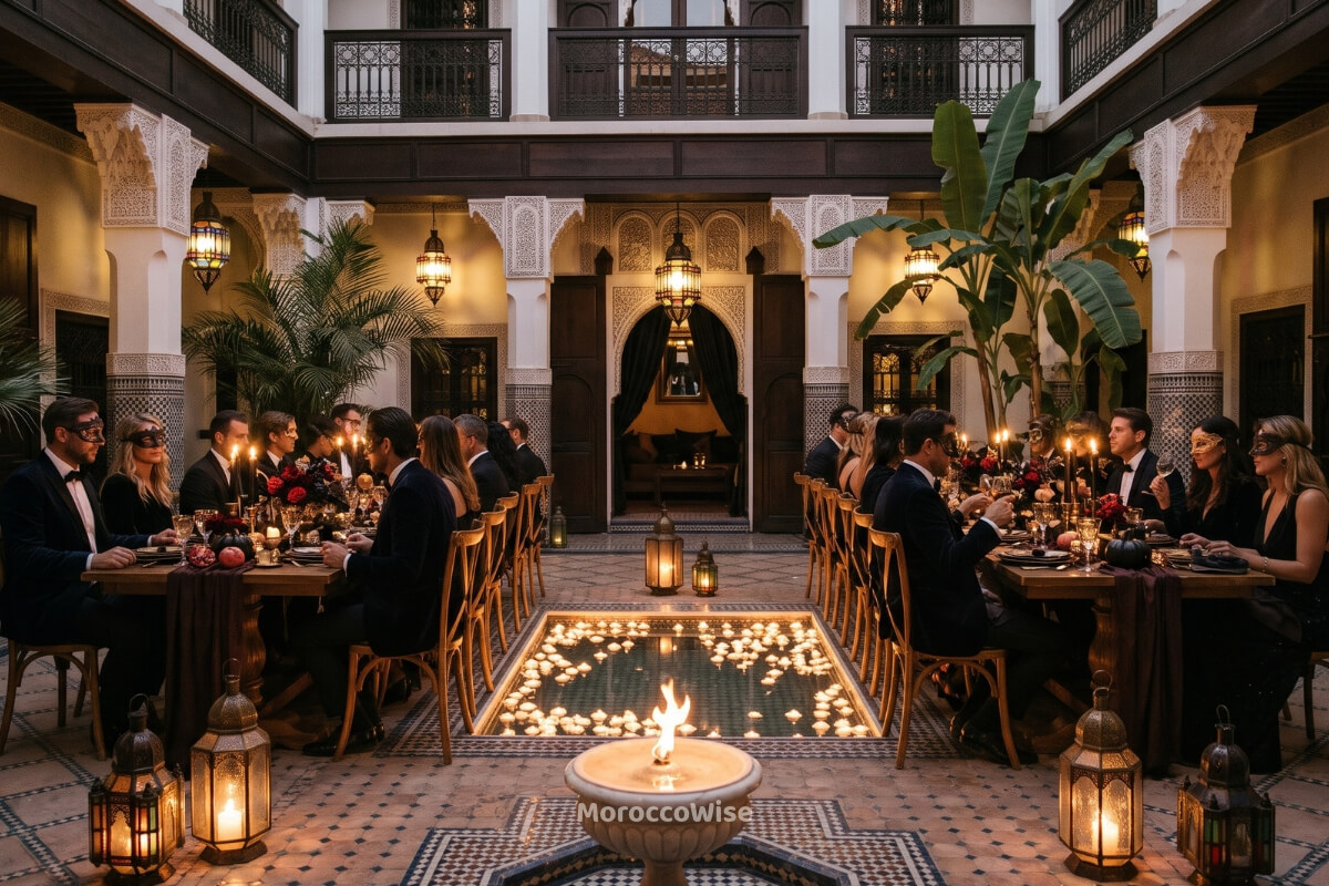 Expats and tourists enjoying a subtle Halloween costume dinner in a traditional Marrakech Riad.